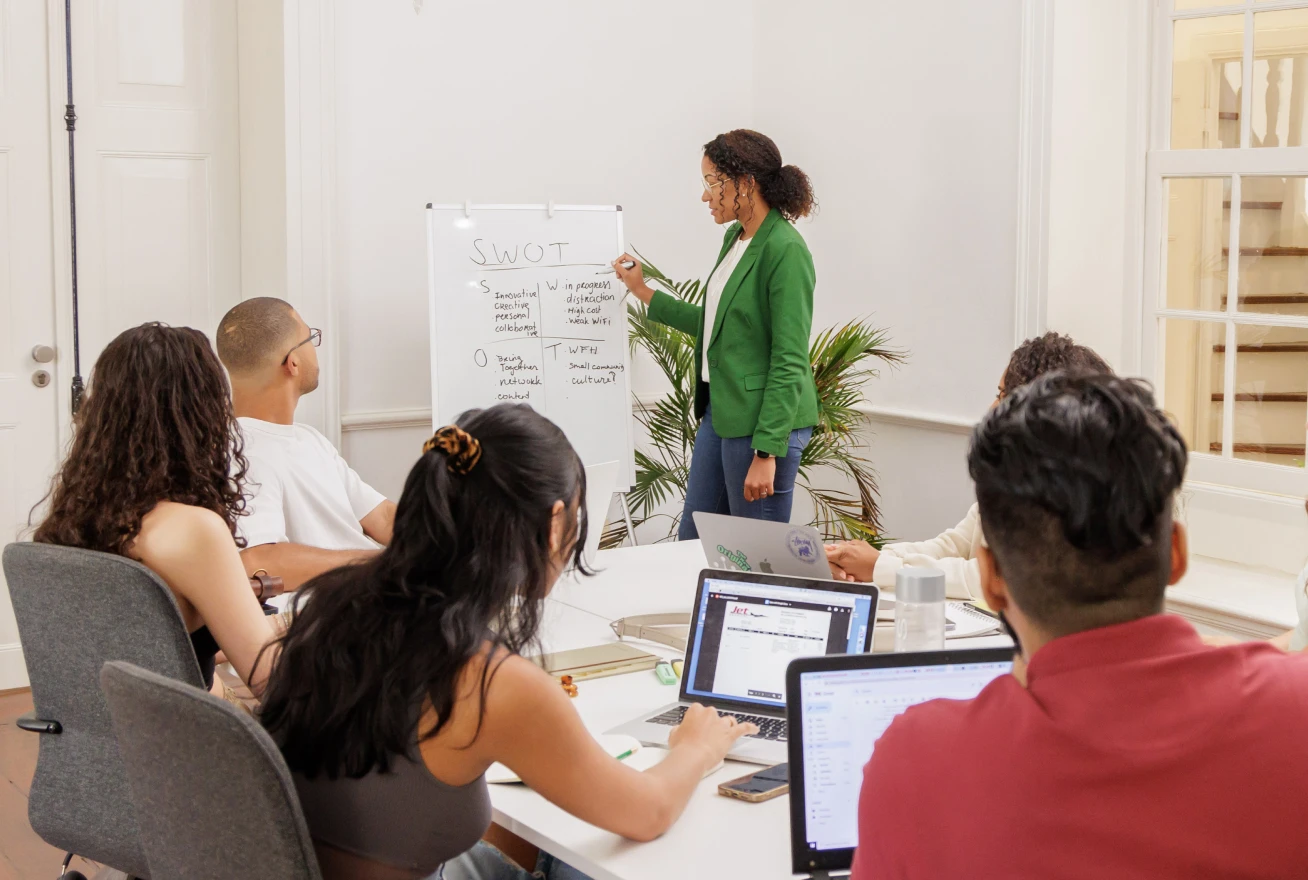 Team leading a strategy session at a whiteboard in Curaçao